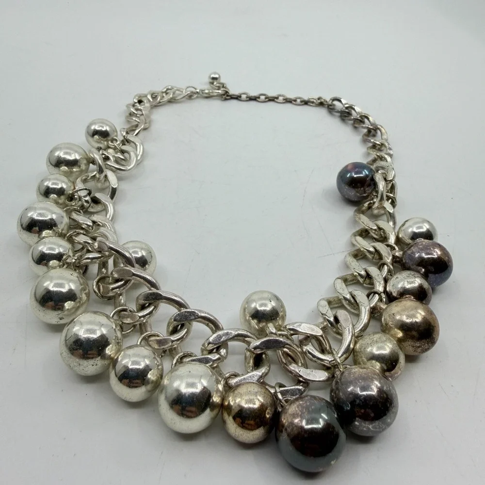 Silver Tone Ball Charm Fringe Chain Necklace Chunky Y2K Statement Jewelry Gift